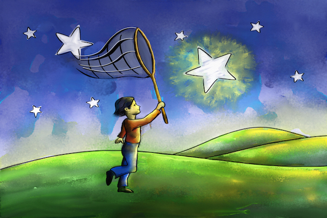 Kid trying to catch a star with a butterfly net. Digital watercolor.